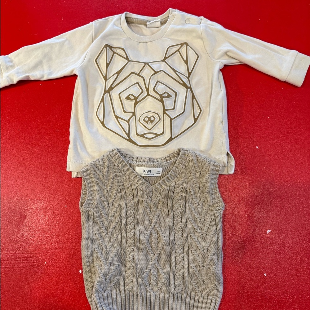 Kids Cream Bear Graphic Shirt and Gray Knit Vest Set